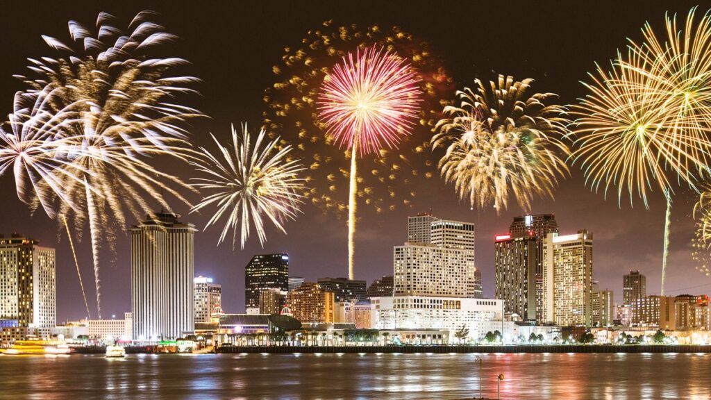 New Orleans skyline with fireworks display