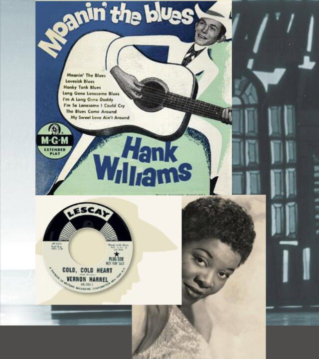 collage of images including a Hank Williams caricature, a Vernon Harrel record, and Dinah Washington